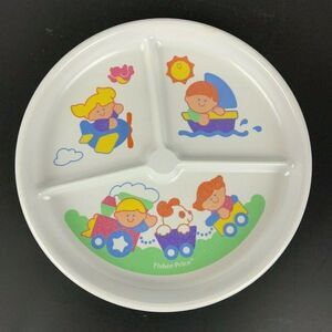 Fisher Price Children's Divided Plate White Melamine 1990 Train Boat Plane USA